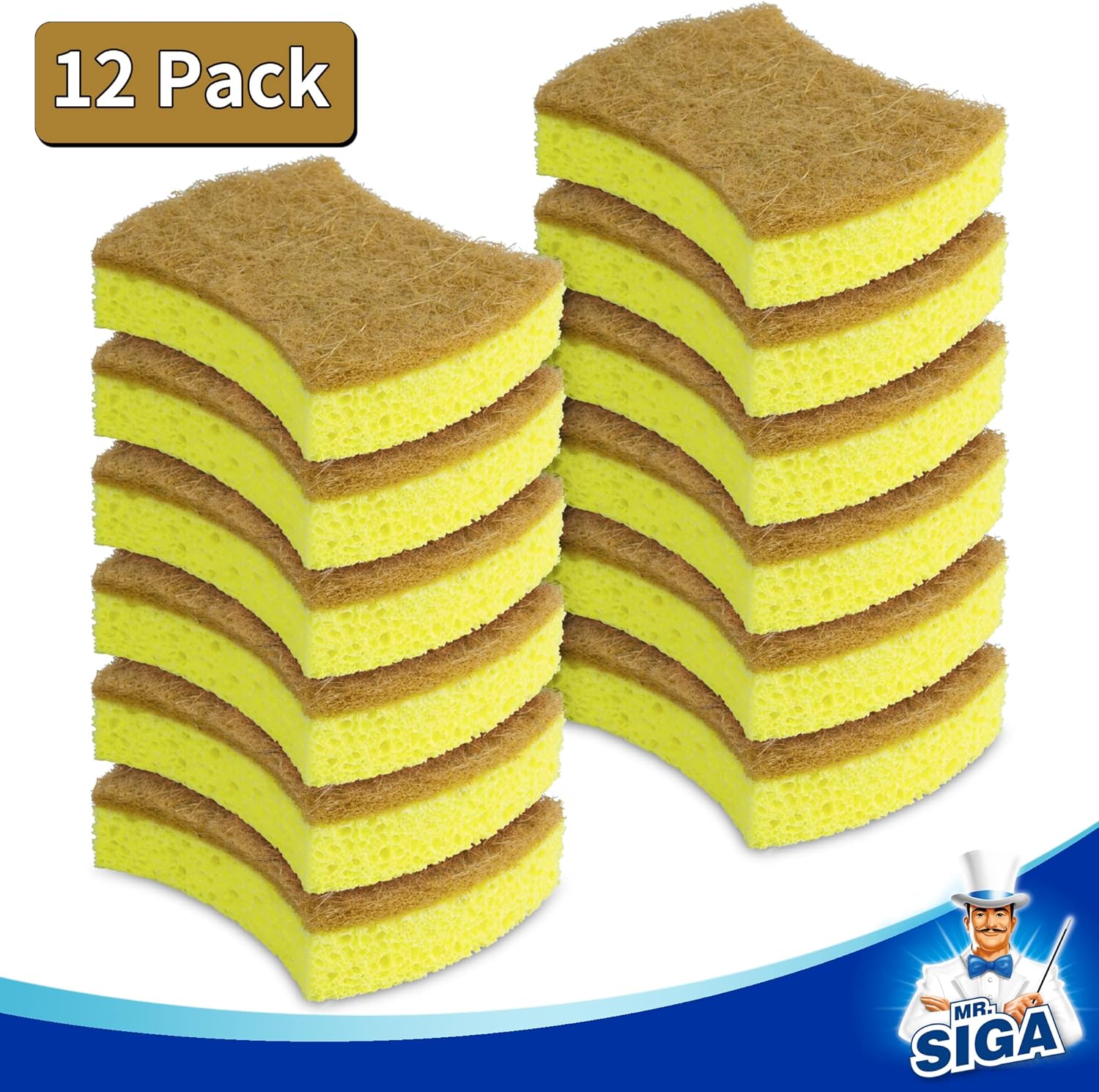MR.SIGA Non-Scratch Dish Sponges, Natural Scrub Sponges, Cellulose Sponge for Dishes, Dishwashing Sponges for Kitchen, 12 Pack