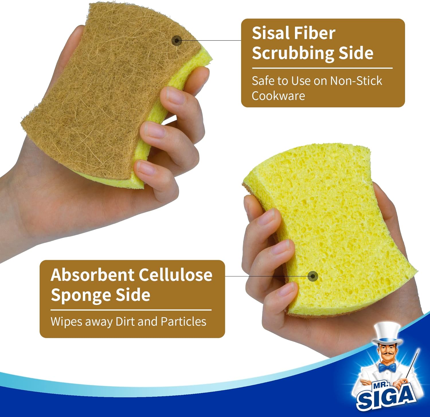MR.SIGA Non-Scratch Dish Sponges, Natural Scrub Sponges, Cellulose Sponge for Dishes, Dishwashing Sponges for Kitchen, 12 Pack