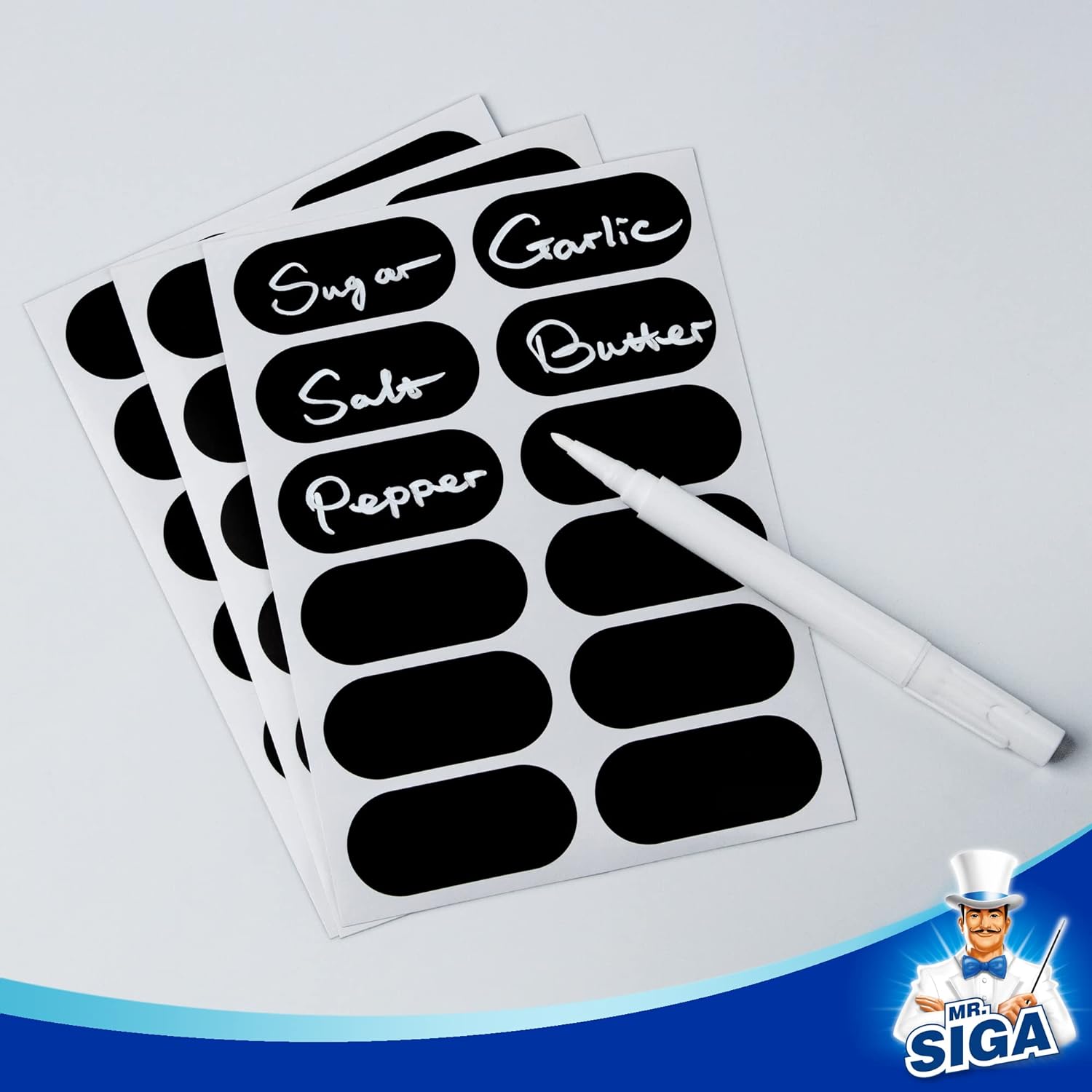MR.SIGA 96 Removable Labels for Storage Containers, Waterproof Reusable Sticker Labels for Jars Bottles with 1 Erasable Chalk Marker
