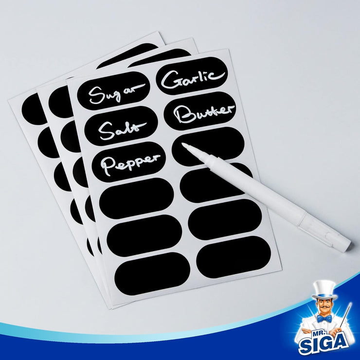 MR.SIGA 96 Removable Labels for Storage Containers, Waterproof Reusable Sticker Labels for Jars Bottles with 1 Erasable Chalk Marker