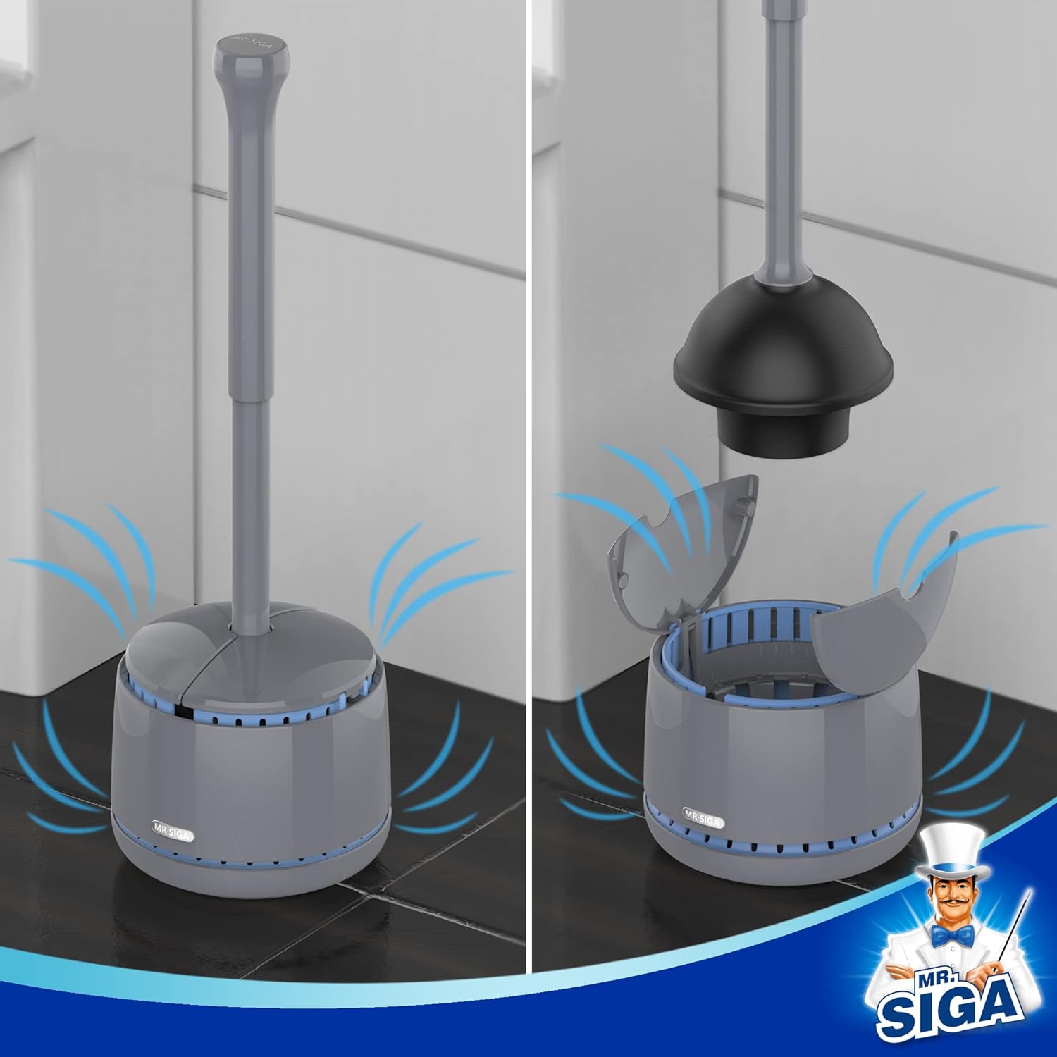 MR.SIGA Toilet Plunger with Holder, Heavy Duty Plunger with Sturdy Handle for Toilet Cleaning, Gray