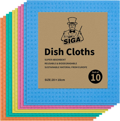 MR.SIGA Reusable Dish Cloths, Cellulose Sponge Cloth for Kitchen, Absorbent Cleaning Cloth, 10 Pack, Multi Colors