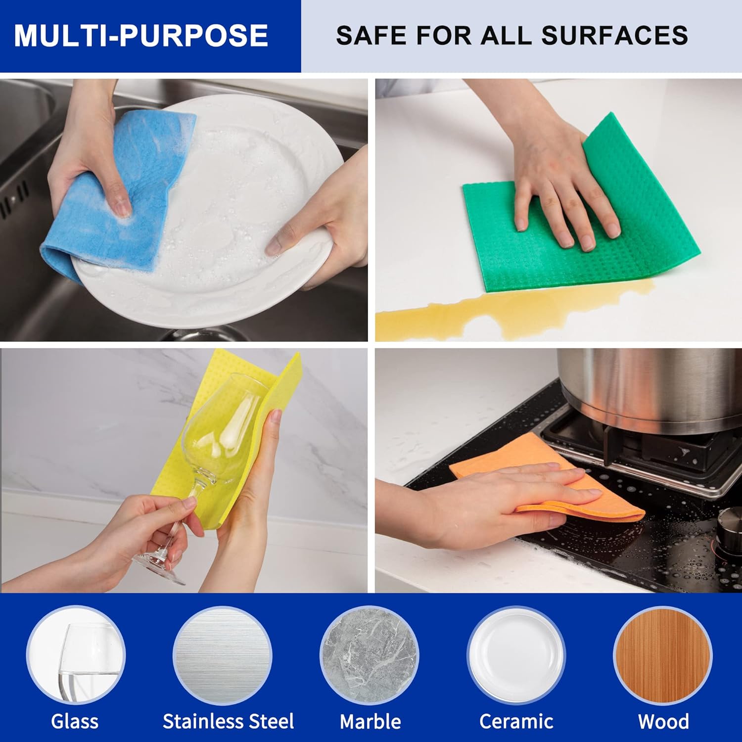 MR.SIGA Reusable Dish Cloths, Cellulose Sponge Cloth for Kitchen, Absorbent Cleaning Cloth, 10 Pack, Multi Colors