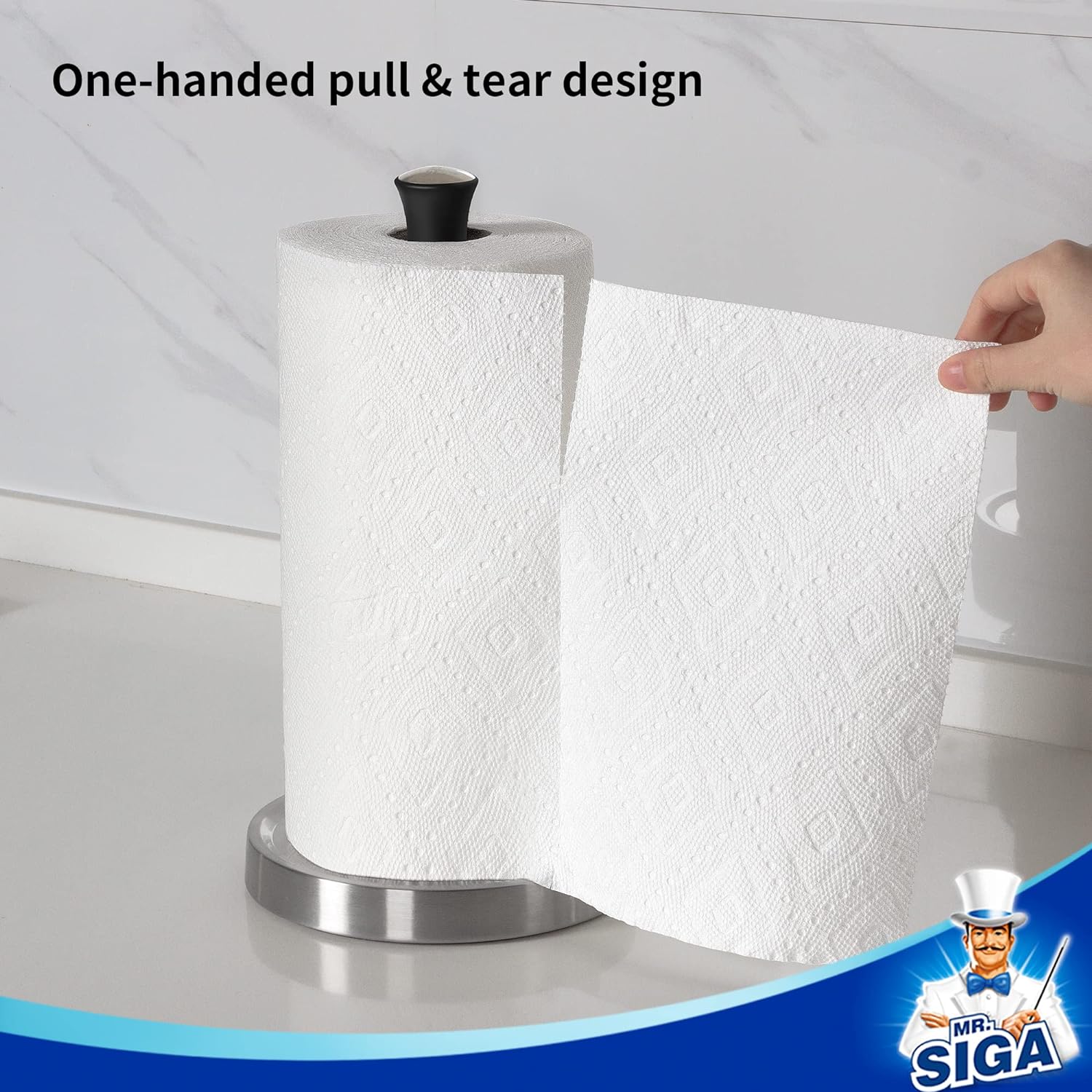 MR.SIGA Paper Towel Holder, Non Slip Stainless Steel Weighted Base, Standing Paper Towel Holder for Countertop, Black