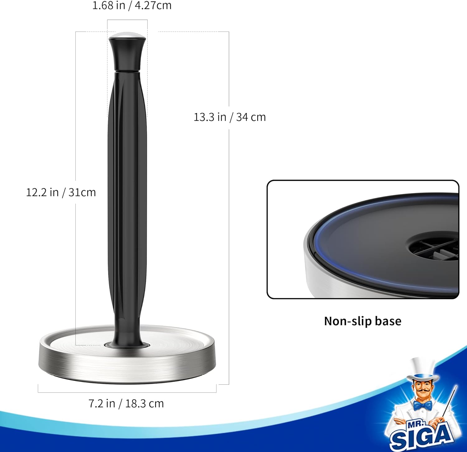 MR.SIGA Paper Towel Holder, Non Slip Stainless Steel Weighted Base, Standing Paper Towel Holder for Countertop, Black