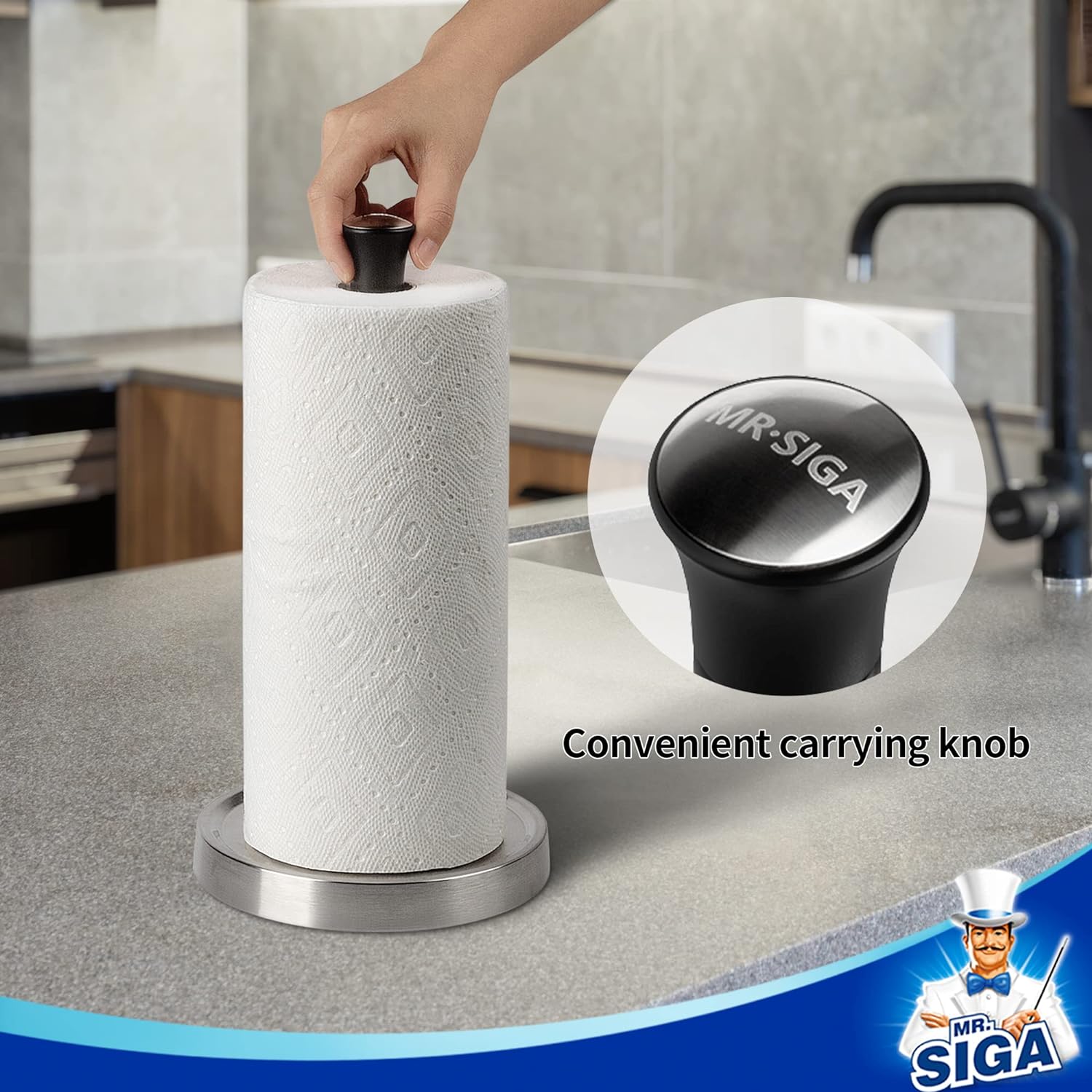 MR.SIGA Paper Towel Holder, Non Slip Stainless Steel Weighted Base, Standing Paper Towel Holder for Countertop, Black