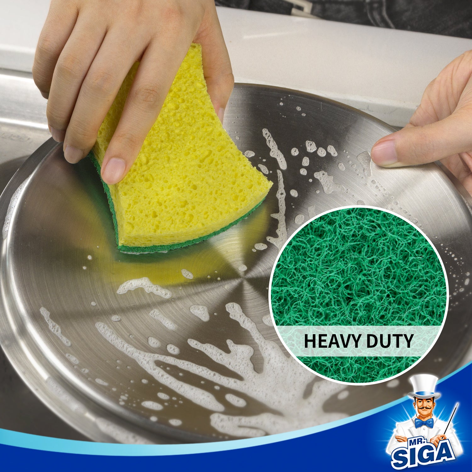 MR.Siga Cellulose Scrub Sponge Strong Absorbent, Dual-Sided Dishwashing Sponge for Kitchen, 9 Pack