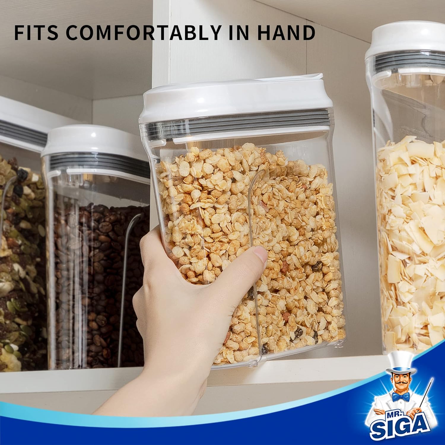 MR.SIGA 2 Pack Airtight Cereal Dispenser Set, Cereal Containers Storage Dispenser, BPA Free, 1.3 L / 1.37qt, Medium, White