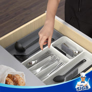 MR.SIGA Expandable Silverware Organizer, Flatware Organizer for Drawer, Utensil Organizer and Adjustable Cutlery Tray for Kitchen Drawer, White & Gray