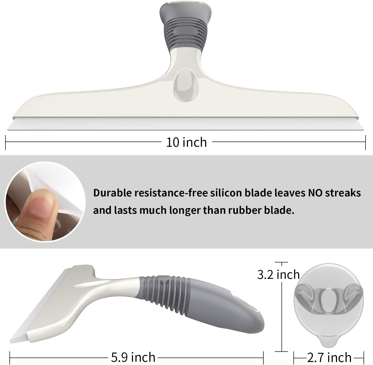 MR.SIGA Multi-Purpose Silicon Squeegee for Window, Glass, Shower Door, Car Windshield, Heavy Duty Window Scrubber, Includes Suction Hook, 10 inch, White & Grey, 2 Pack