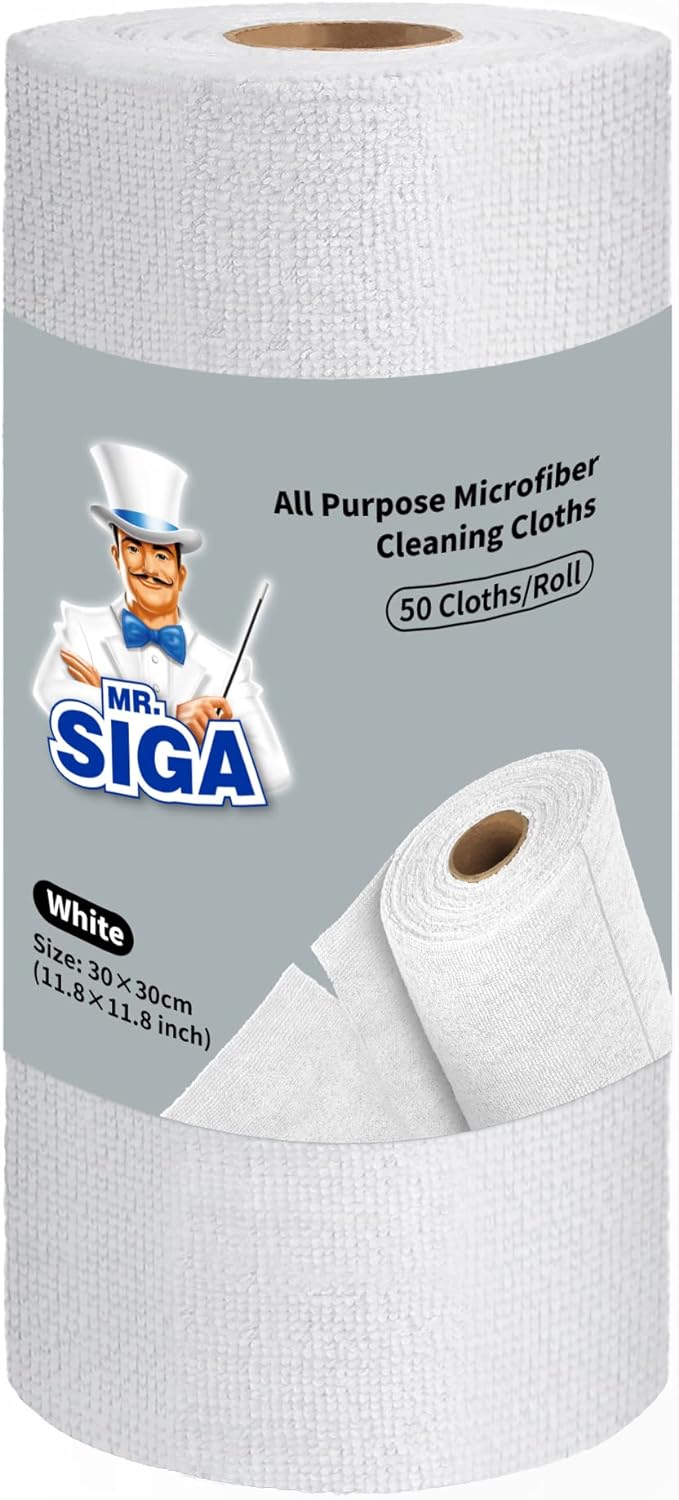 MR.SIGA Microfiber Cloths in Roll, Lint Free Cleaning Wipes, Value Pack Reusable Kitchen Towels, 50 Cleaning Cloths Per Roll, White