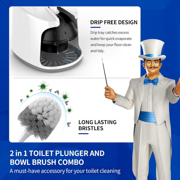MR.SIGA Toilet Plunger and Bowl Brush with Holder, Heavy Duty Toilet Brush and Plunger Set for Bathroom Cleaning, White, 1 Set