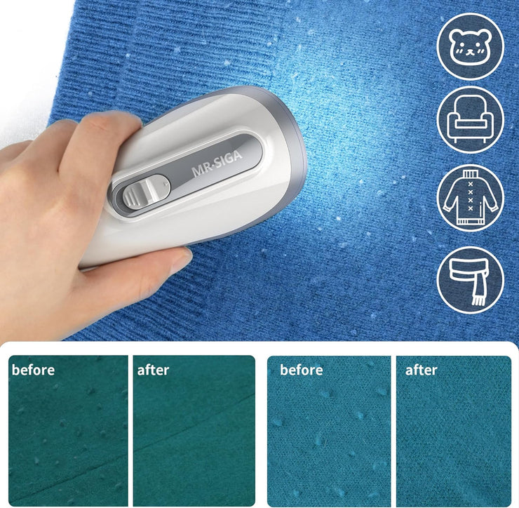 MR.SIGA Fabric Shaver and Lint Remover, Battery Operated Portable Lint Shaver with LED Lights, 2 Replaceable 6-Leaf Blades, Cream/Gray