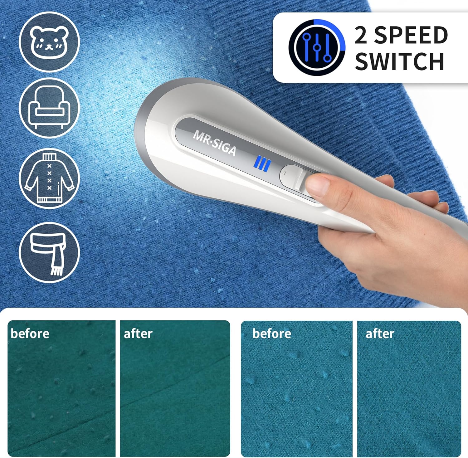 MR.SIGA Fabric Shaver and Lint Remover with 2 Speeds, Rechargeable Electric Lint Fuzz Remover with LED Lights and 2 Replaceable 6-Leaf Blades, Cream/Gray