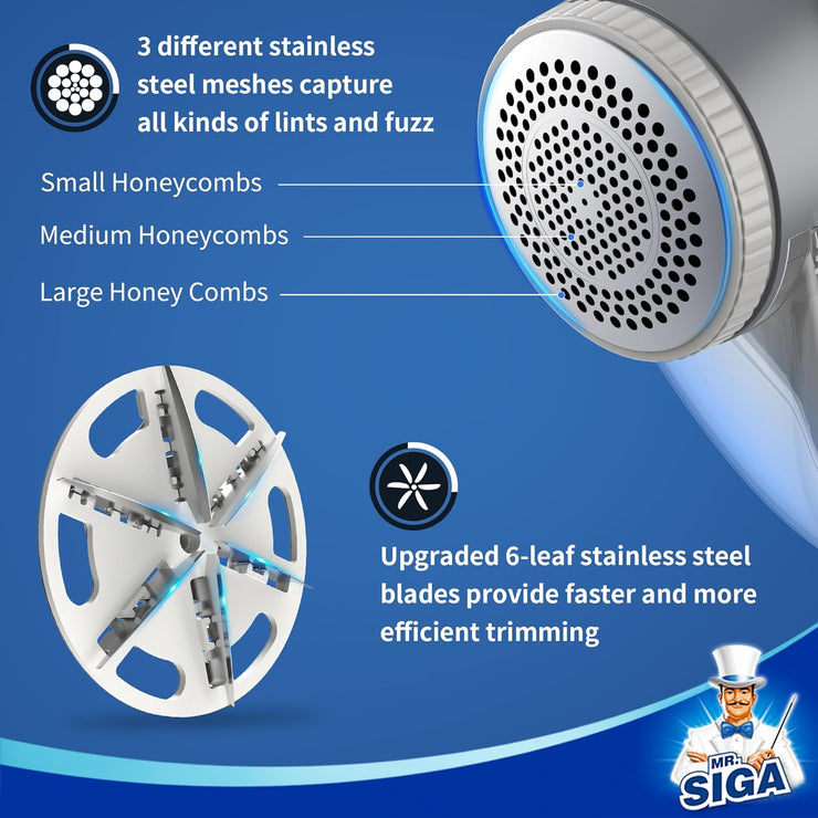 MR.SIGA Fabric Shaver and Lint Remover with 2 Speeds, Rechargeable Electric Lint Fuzz Remover with LED Lights and 2 Replaceable 6-Leaf Blades, Cream/Gray