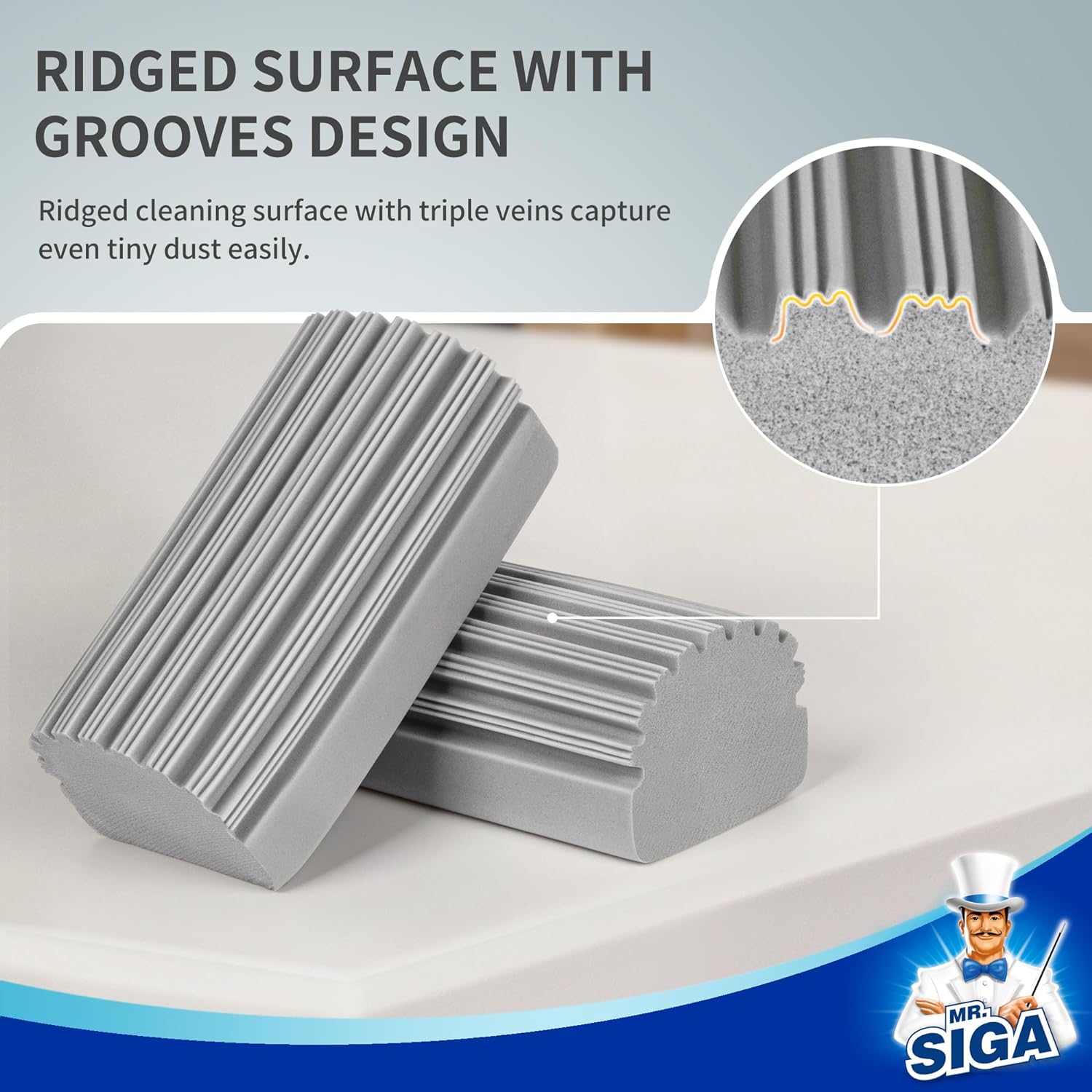 MR.SIGA Sponge Duster, Reusable Duster with Ridged Surface Design, Household Dust Cleaning Sponge, 4 Pack, Gray
