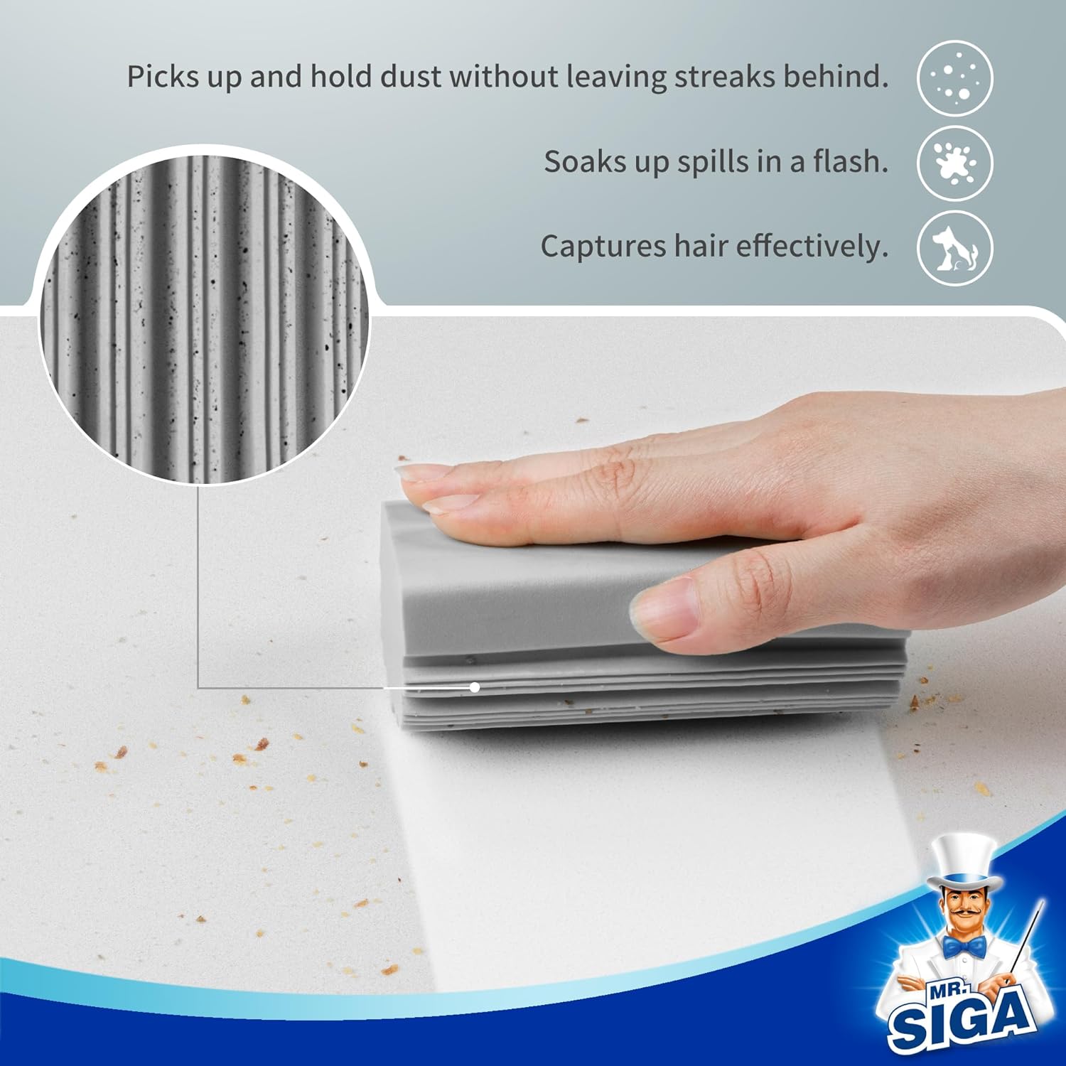 MR.SIGA Sponge Duster, Reusable Duster with Ridged Surface Design, Household Dust Cleaning Sponge, 4 Pack, Gray