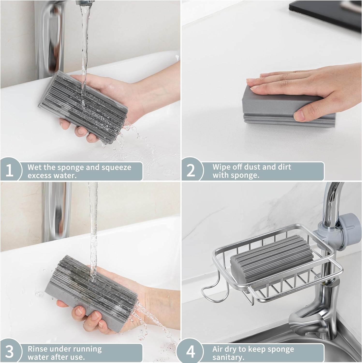 MR.SIGA Sponge Duster, Reusable Duster with Ridged Surface Design, Household Dust Cleaning Sponge, 4 Pack, Gray