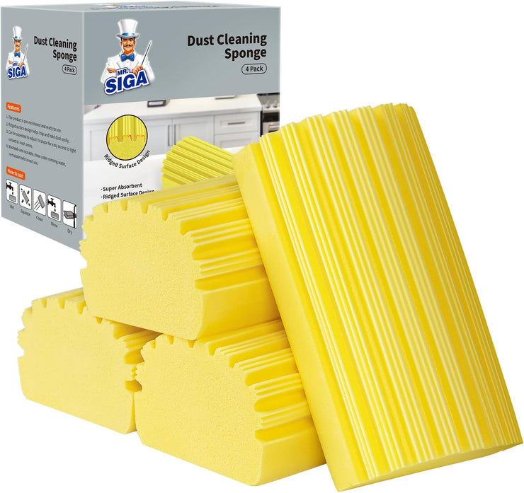 MR.SIGA Sponge Duster, Reusable Duster with Ridged Surface Design, Household Damp Sponge for Dust Cleaning, 4 Pack, Yellow