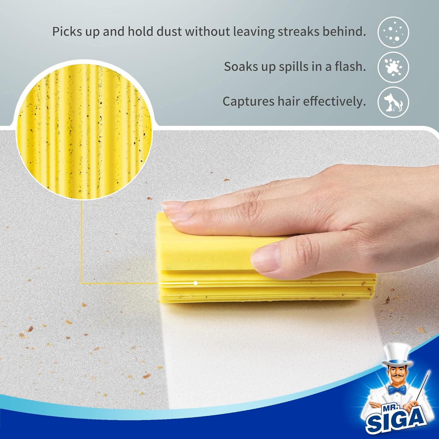MR.SIGA Sponge Duster, Reusable Duster with Ridged Surface Design, Household Damp Sponge for Dust Cleaning, 4 Pack, Yellow
