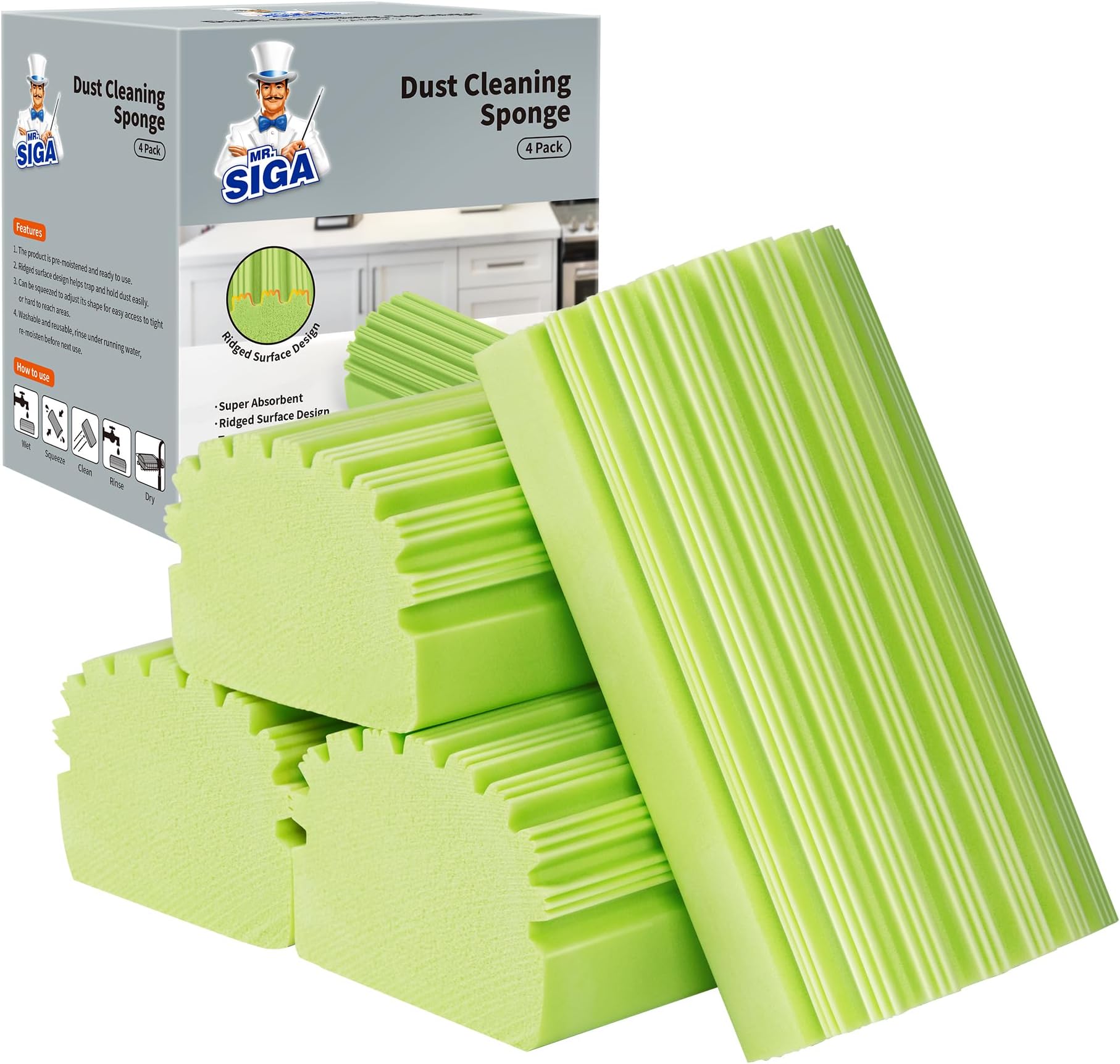 MR.SIGA Sponge Duster, Reusable Duster with Ridged Surface Design, Household Damp Sponge for Dust Cleaning, 4 Pack, Green
