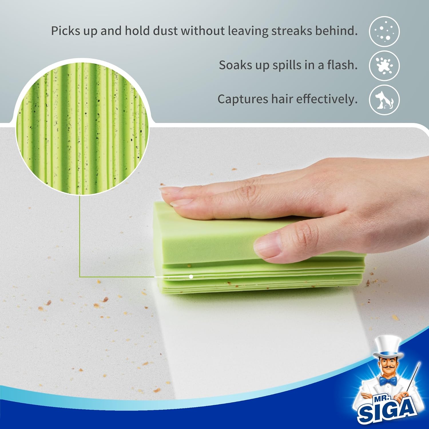 MR.SIGA Sponge Duster, Reusable Duster with Ridged Surface Design, Household Damp Sponge for Dust Cleaning, 4 Pack, Green