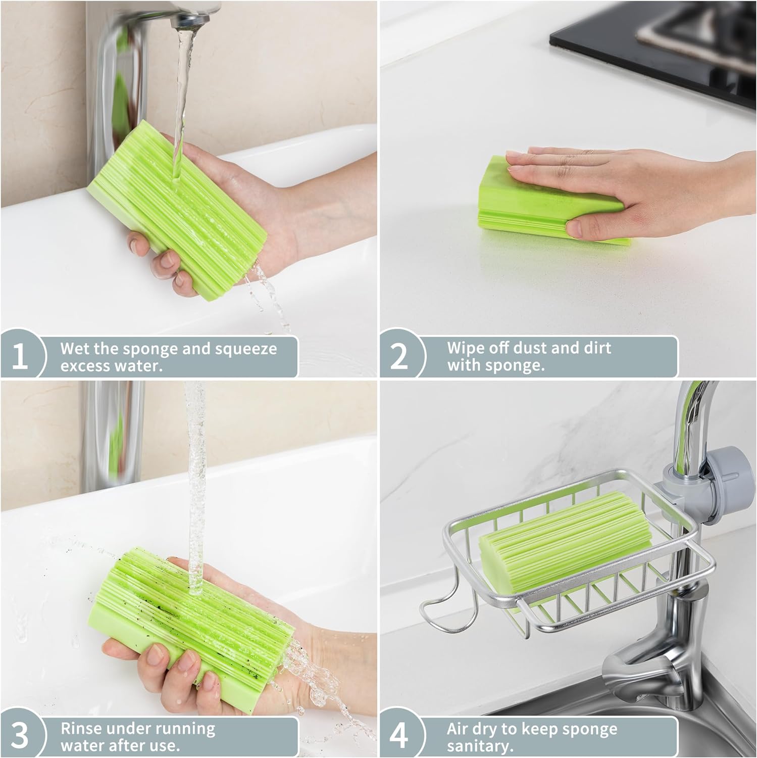 MR.SIGA Sponge Duster, Reusable Duster with Ridged Surface Design, Household Damp Sponge for Dust Cleaning, 4 Pack, Green