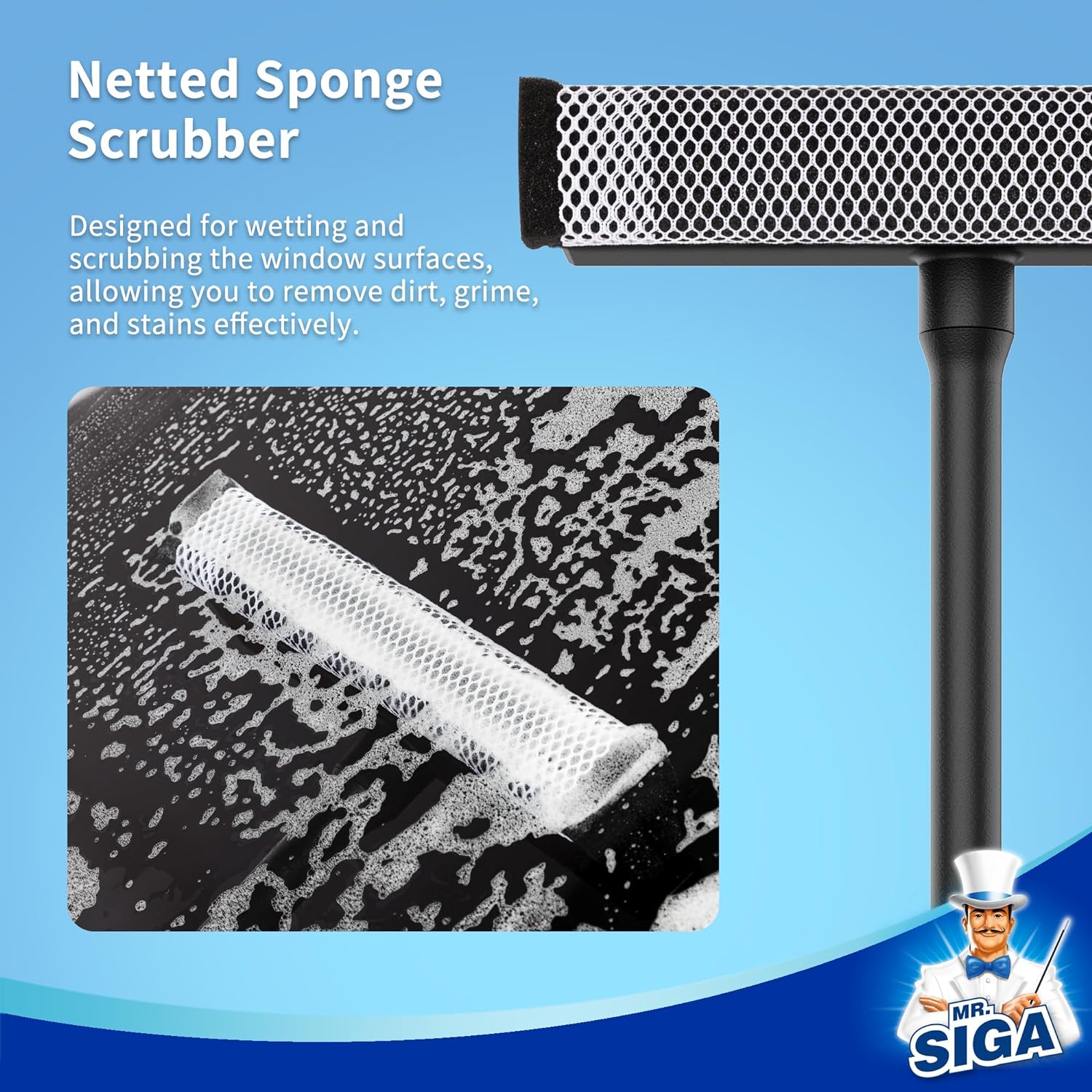 MR.SIGA Professional Squeegee for Car Window Cleaning and Windshield Washing, 2 in 1 Window Cleaning Squeegee Window Washing Sponge Scrubber, Rubber Blade Window Cleaner Squeegee with Handle, Black