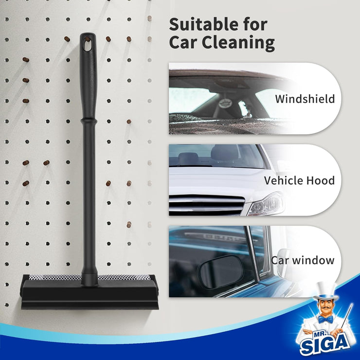 MR.SIGA Professional Squeegee for Car Window Cleaning and Windshield Washing, 2 in 1 Window Cleaning Squeegee Window Washing Sponge Scrubber, Rubber Blade Window Cleaner Squeegee with Handle, Black