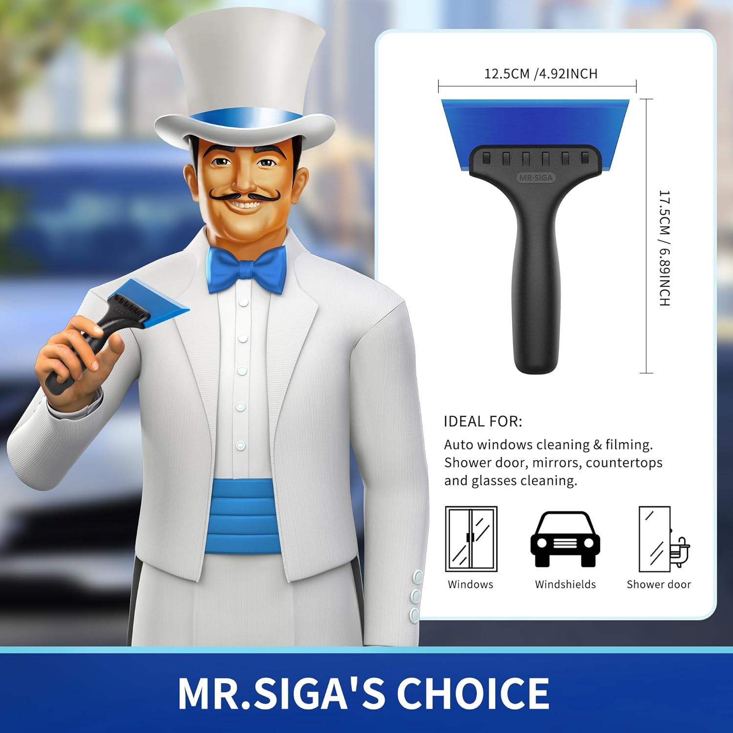 MR.SIGA Small Squeegee for Tile, Glass, Mirror, Shower, Window Tint Squeegee for Car, 2 in 1 Mini Glass Squeegee with Built in Ice Ripper, 5 inch Blade, 2 Pack
