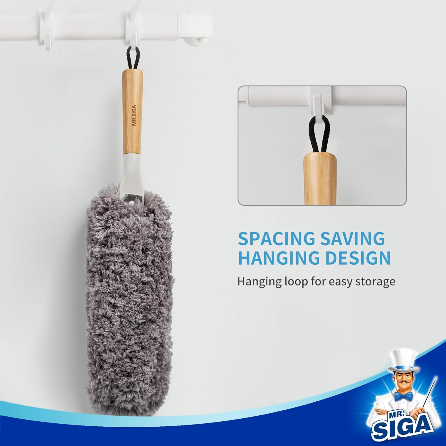 MR.SIGA Lint Free Microfiber Duster, Washable and Reusable Duster with Bamboo Handle and Replaceable Head, Duster for Household