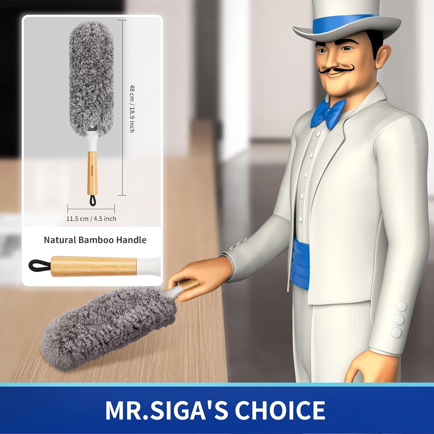 MR.SIGA Lint Free Microfiber Duster, Washable and Reusable Duster with Bamboo Handle and Replaceable Head, Duster for Household