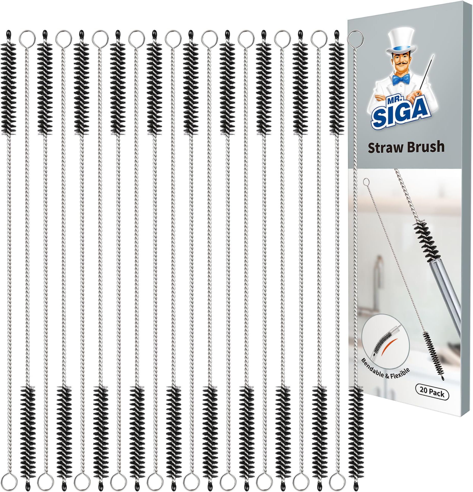 MR.SIGA Straw Cleaner Brush, 10 inch Stainless Steel Straw Brush with Hanging Hole, Reusable and Dishwasher Safe, 20 Pack