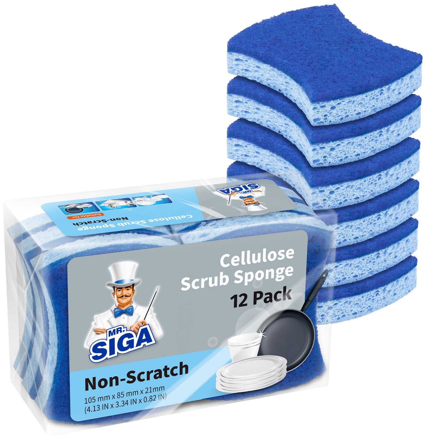 MR.SIGA Non-Scratch Cellulose Scrub Sponge, Dual-Sided Dishwashing Sponge for Kitchen, 12 Pack