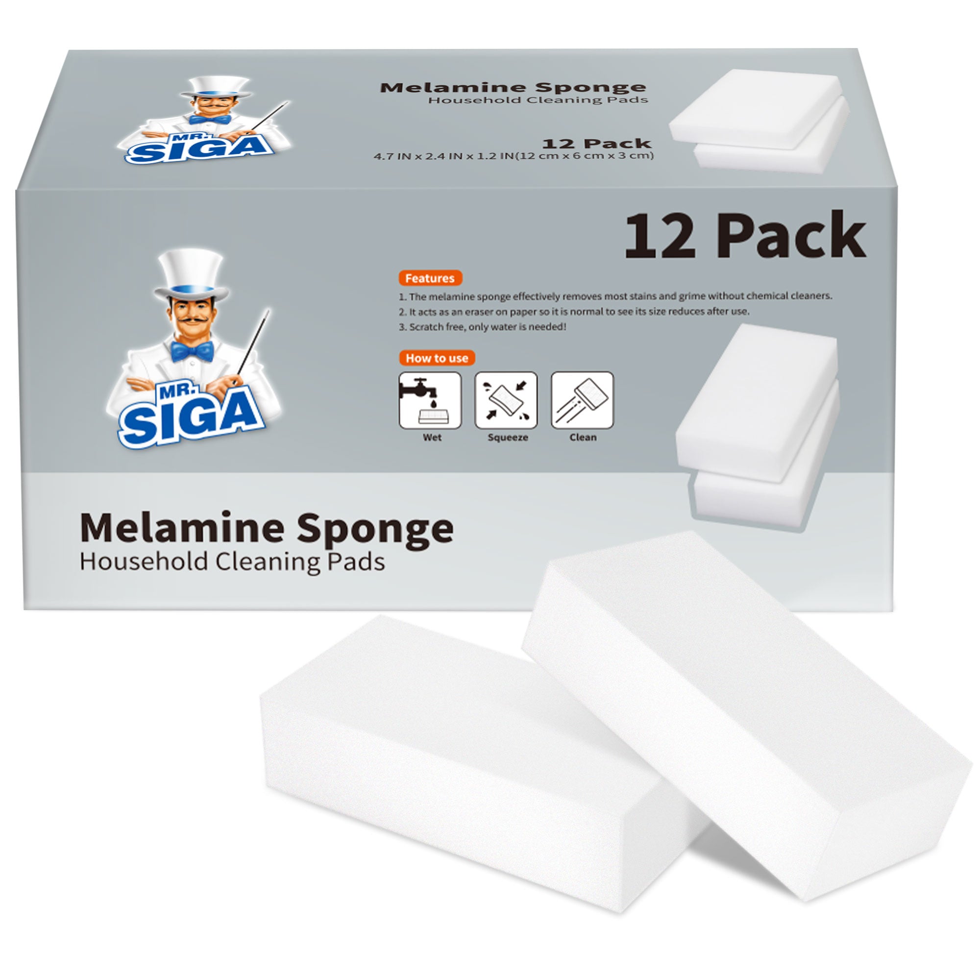 MR.SIGA Melamine Eraser Sponge, Magic Eraser Cleaning Pads, 12 Count, Size 3.1" x 2" x 1"