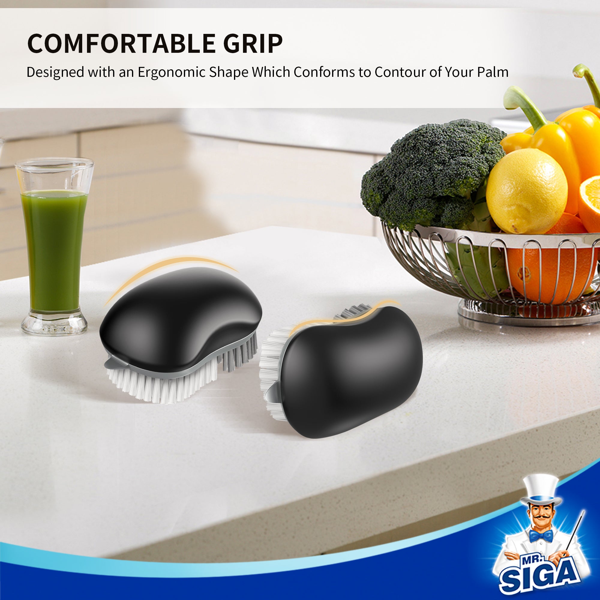 MR.SIGA Fruit and Vegetable Cleaning Brush with Non Slip Comfortable Grip, Pack of 2, Black