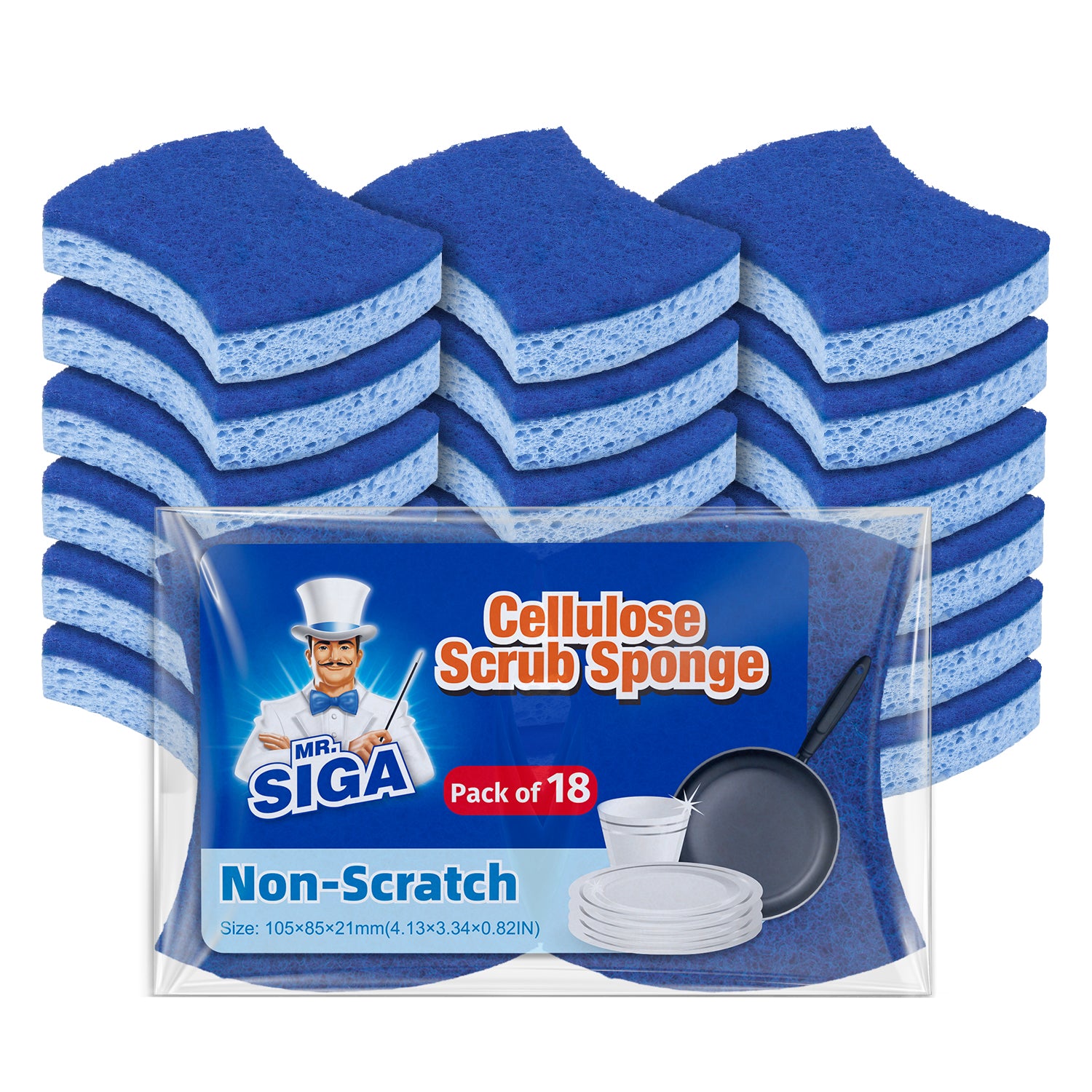 MR.Siga Non-Scratch Cellulose Scrub Sponge, Dual-Sided Dishwashing Sponge for Kitchen, 18 Pack