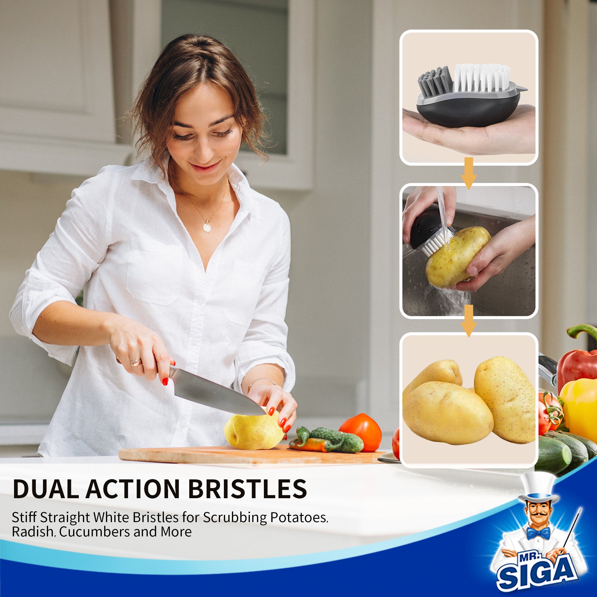 MR.SIGA Fruit and Vegetable Cleaning Brush with Non Slip Comfortable Grip, Pack of 2, Black