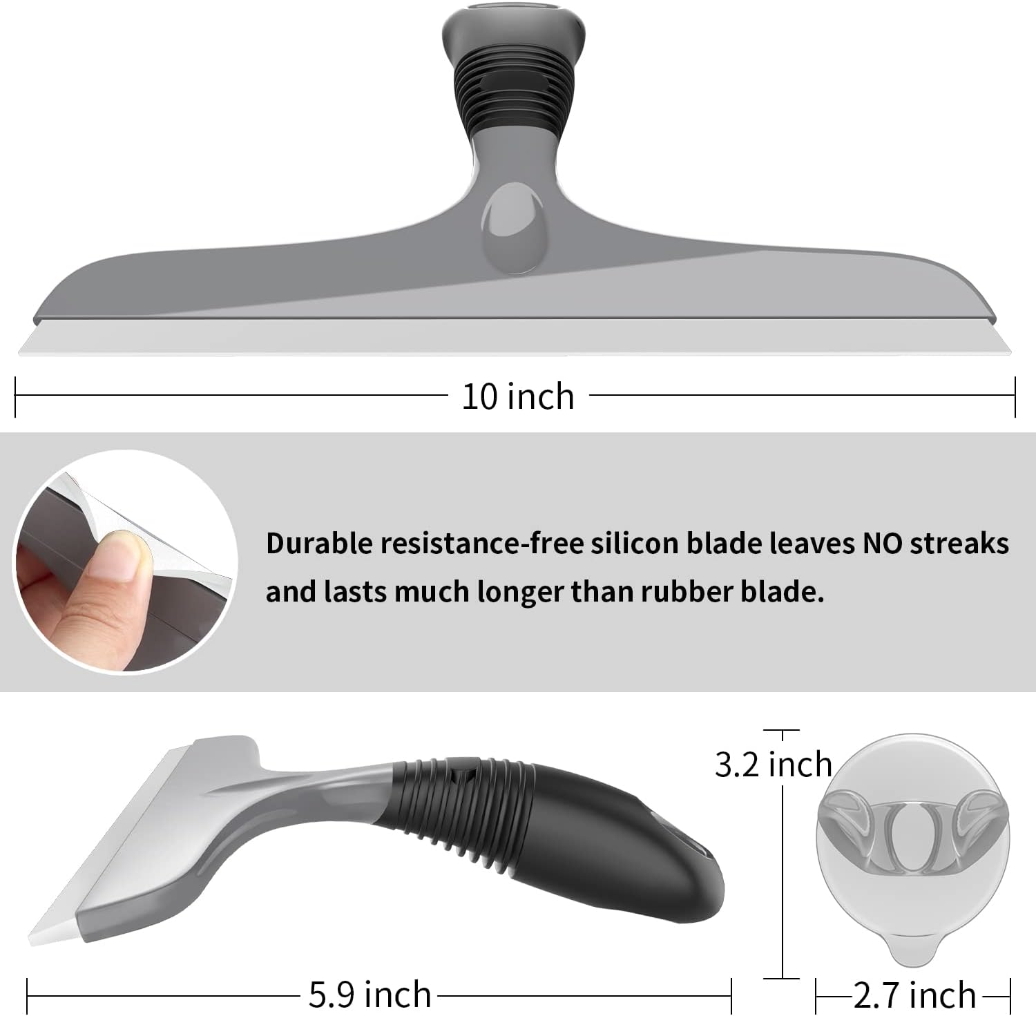 MR.SIGA Mehrzweck-Silikon-Abzieher für Fenster, Glas, Duschtür, Auto-Windschutzscheibe, robuster Fensterschrubber, inklusive Saughaken, 10 Zoll, Grau &amp; Schwarz, 1 Packung 