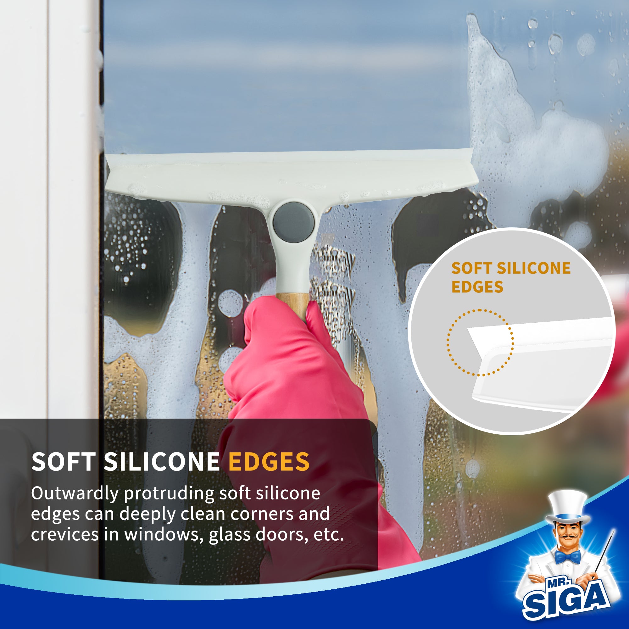 MR.SIGA All Purpose Silicone Squeegee for Shower Door, Mirror, Glass, Streak Free Shower Squeegee, Pivoting Bamboo Handle, Includes 1 Suction Hook, 10 inch Wide, 1 Pack