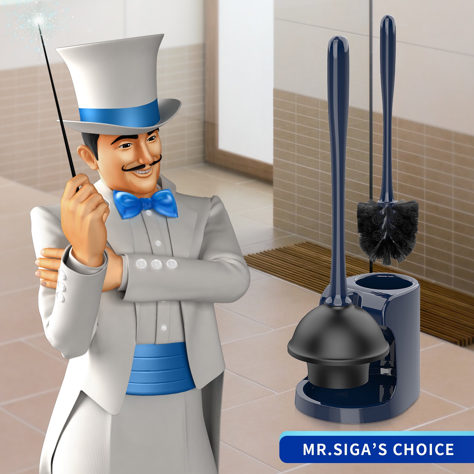 MR.SIGA Toilet Plunger and Bowl Brush Combo for Bathroom Cleaning, Navy, 1 Set