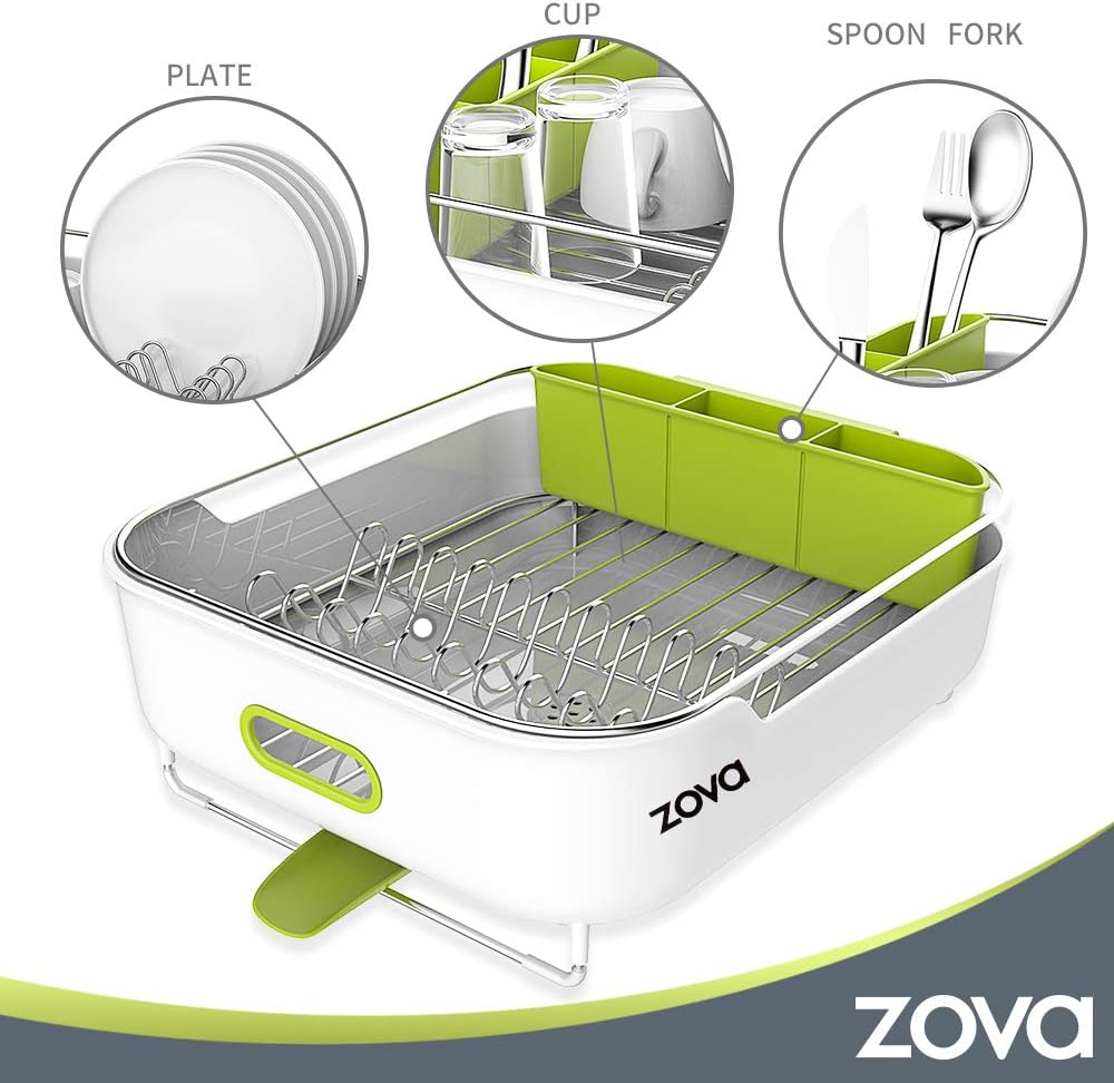 ZOVA Premium Stainless Steel Dish Drying Rack with Swivel Spout, Dish Drainer Utensil Organizer for Kitchen– Medium, White &Green