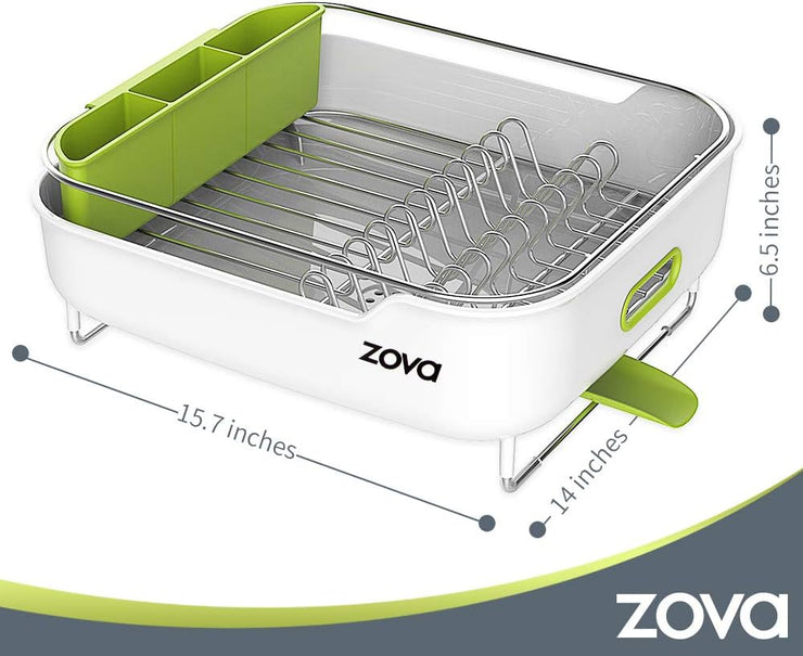 ZOVA Premium Stainless Steel Dish Drying Rack with Swivel Spout, Dish Drainer Utensil Organizer for Kitchen– Medium, White &Green