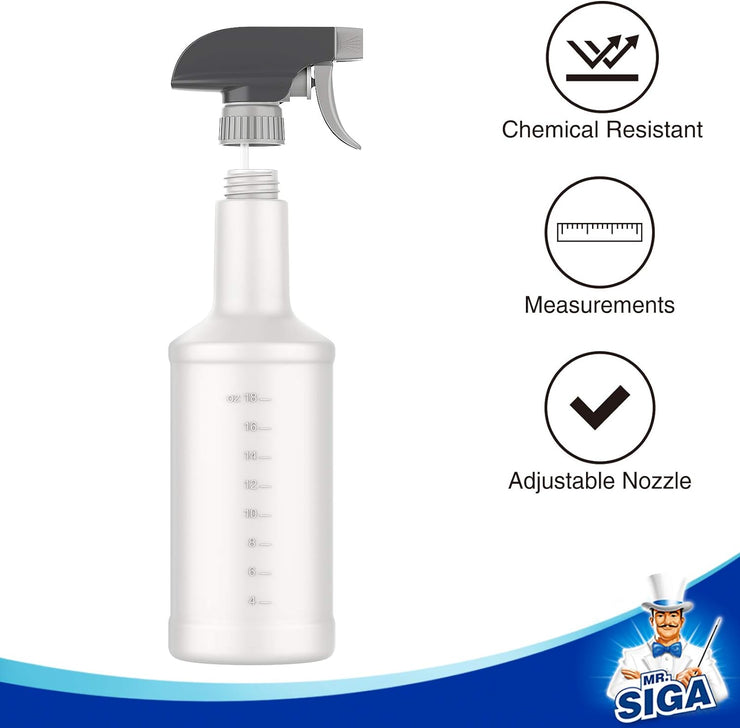 MR.SIGA 24 oz Empty Plastic Spray Bottles for Cleaning Solutions, Heavy Duty Household Reusable Spray Bottles with Measurements and Adjustable Leak Proof Nozzle, 3 Pack