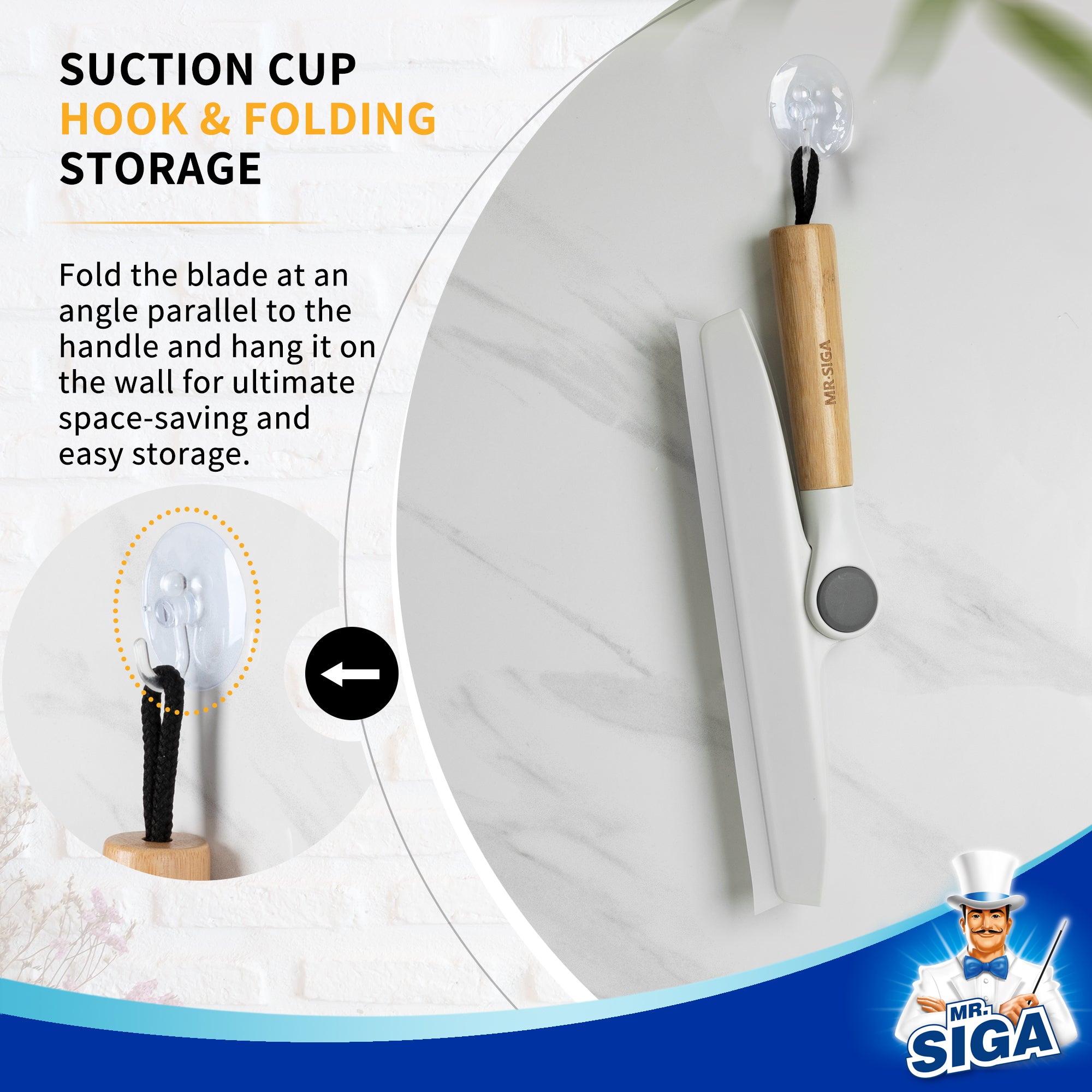 MR.SIGA All Purpose Silicone Squeegee for Shower Door, Mirror, Glass, Streak Free Shower Squeegee, Pivoting Bamboo Handle, Includes 1 Suction Hook, 10 inch Wide, 1 Pack