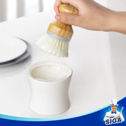 MR.SIGA Dish Soap Dispenser & Holder, Bamboo Dish Brush with Soap Dispenser Set, Includes 4 Replaceable Sponges, Dish Brush Holder in White