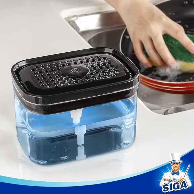MR.SIGA Dish Soap Dispenser for Kitchen,2 in 1 Premium Sponge Holder, Dishwashing Soap Pump Dispenser for Countertop, Black