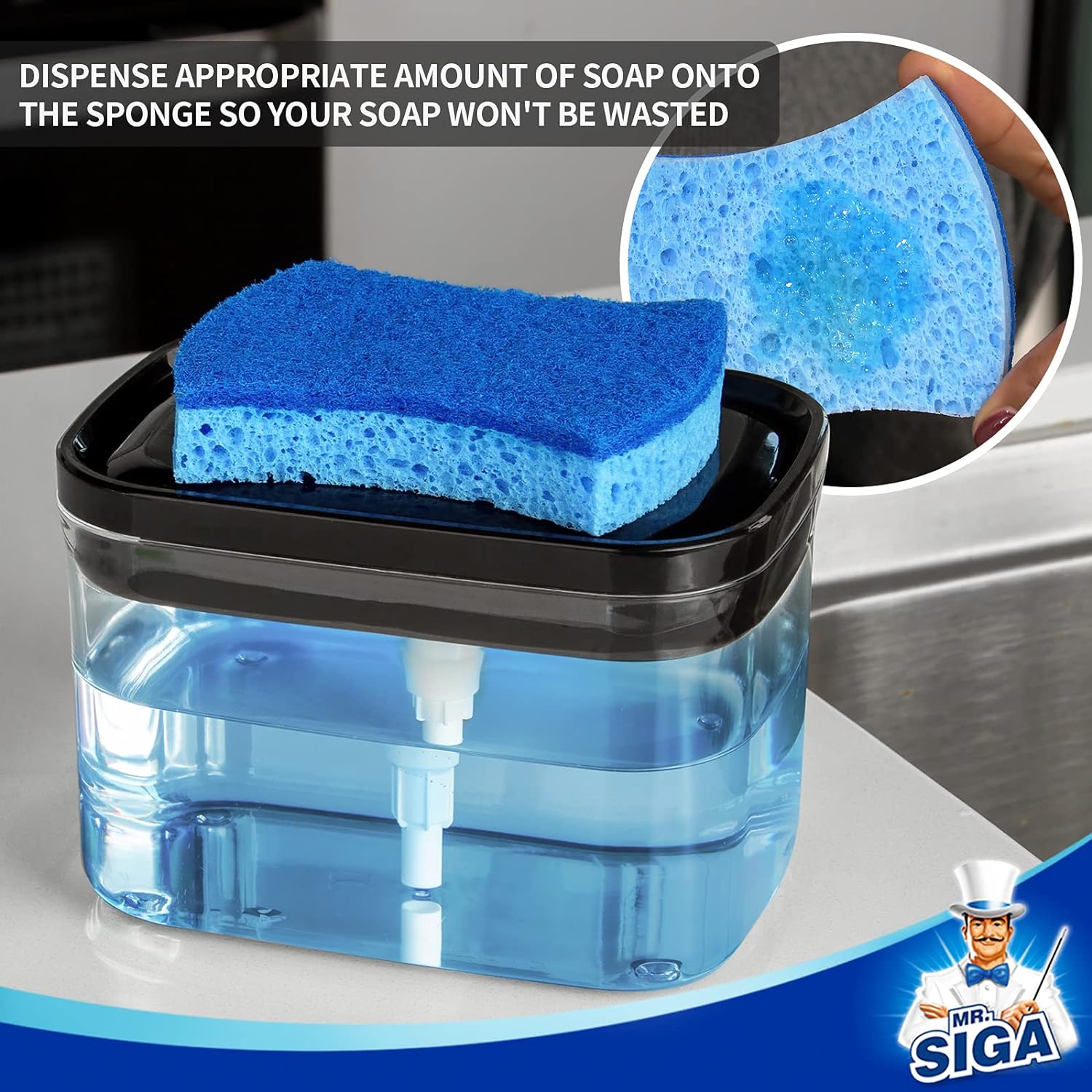 MR.SIGA Dish Soap Dispenser for Kitchen,2 in 1 Premium Sponge Holder, Dishwashing Soap Pump Dispenser for Countertop, Black