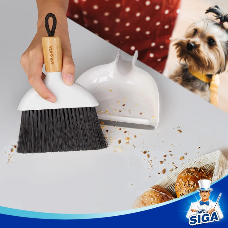 MR.SIGA Mini Dustpan and Brush Set, Portable Cleaning Brush and Dustpan Combo with Bamboo Handle, 1 Set