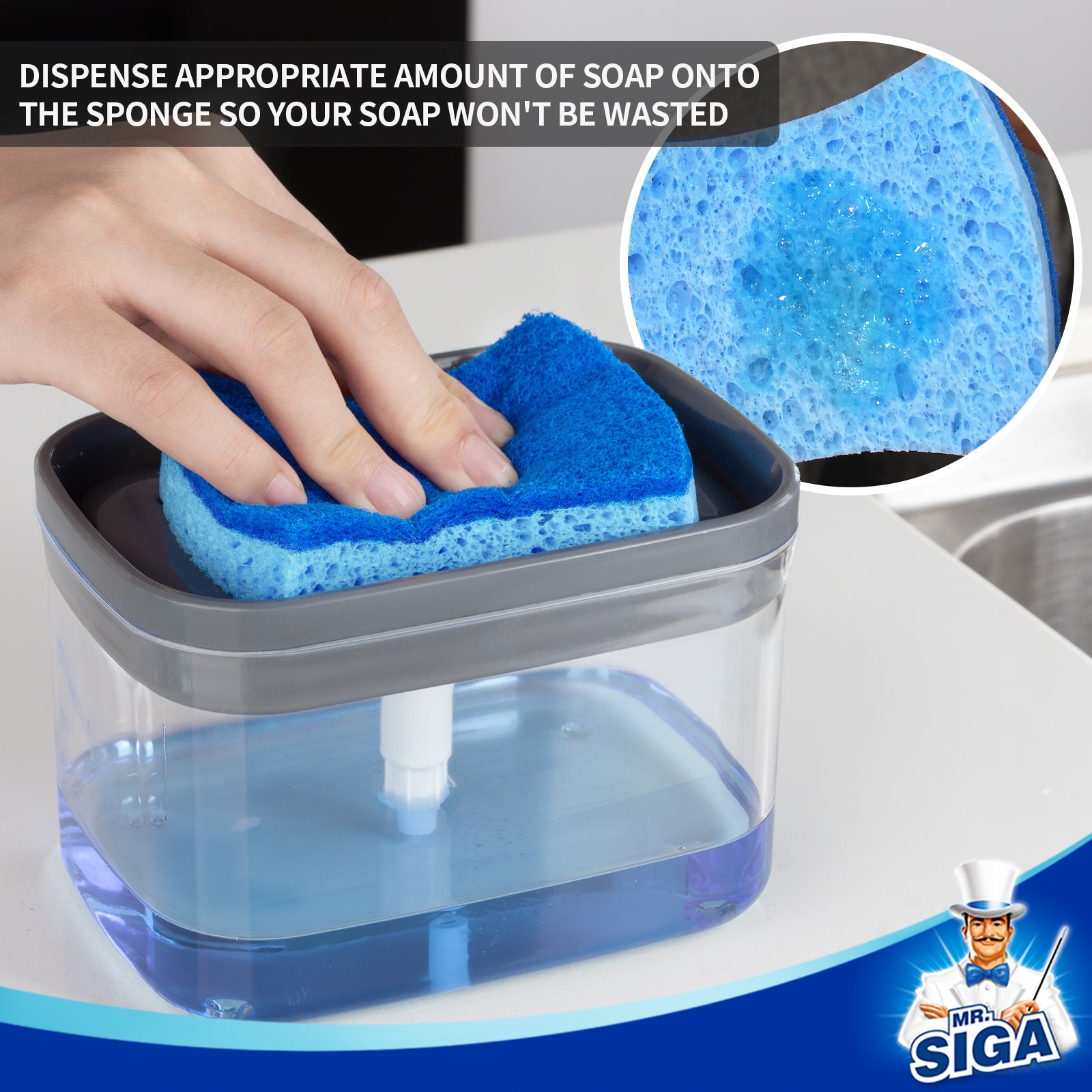 MR.SIGA 2 in 1 Premium Soap Dispenser and Sponge Holder, Dishwashing Soap Pump Dispenser for Kitchen Countertop, Gray